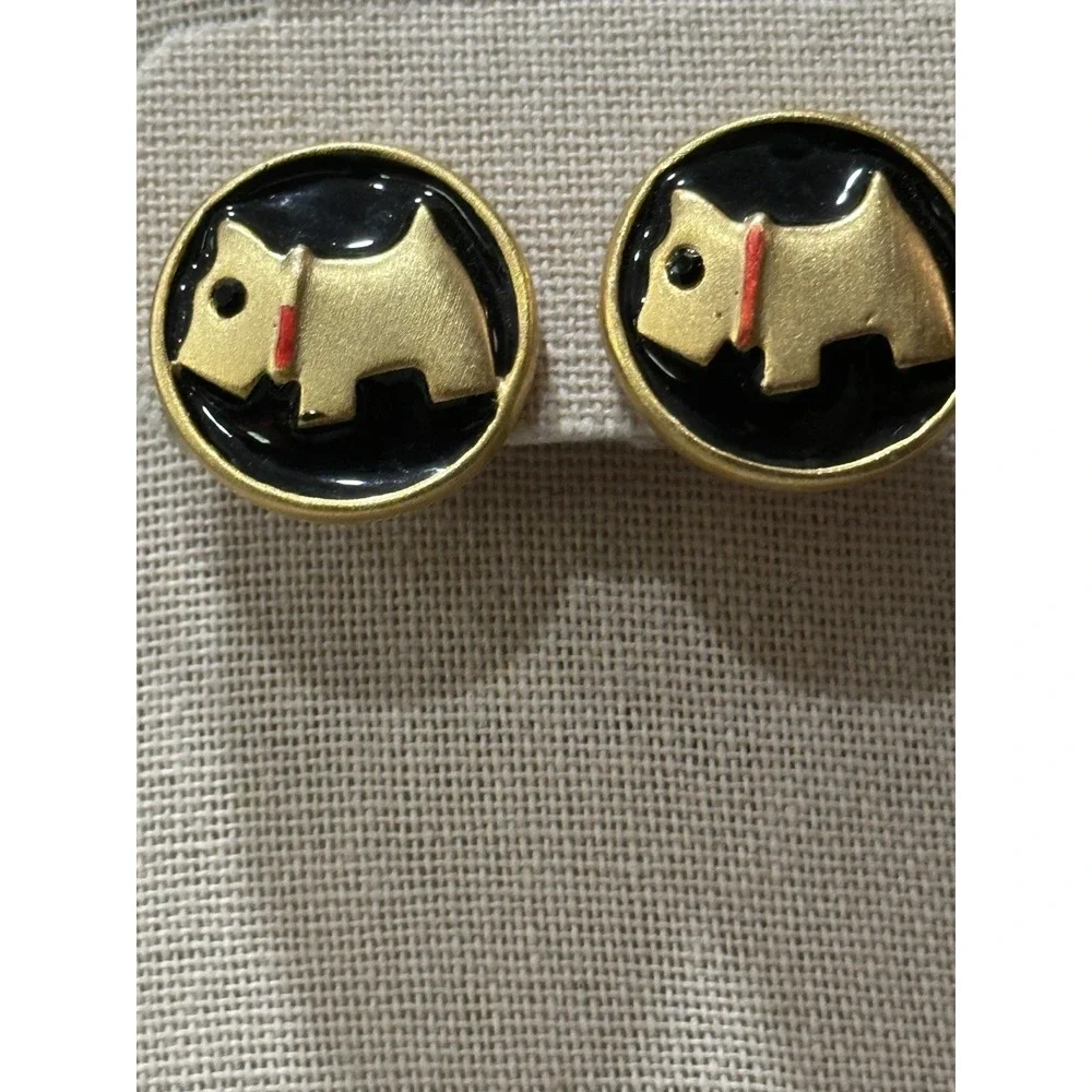 Vintage Black Enamel Dog Button Earrings Gold Tone‎ Accent Red Collar READ